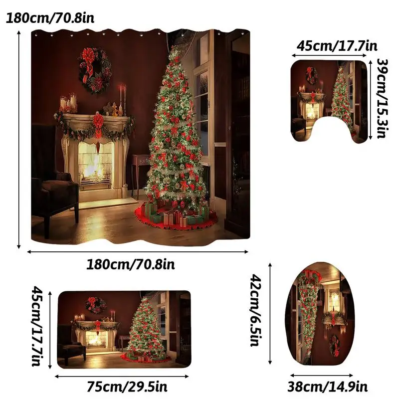 Toilet Lid Cover Rug Set Fast Drying Christmas Tree Shower Curtains Set Creative Shower Drapes Non-Slip Bath Mat For Home