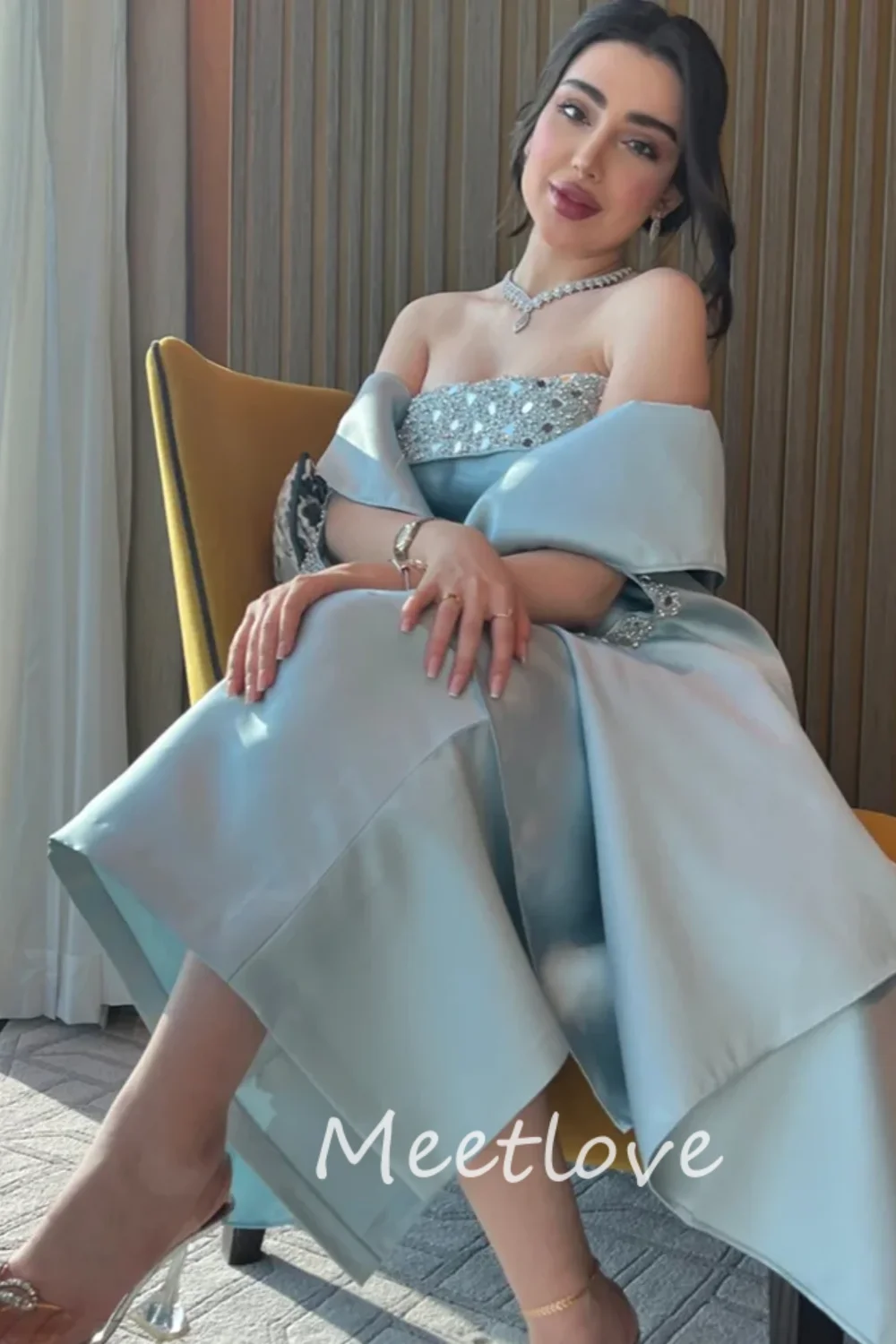 Meetlove 2024 Customized Sheath Strapless Sleeeveless Beaded Shwal Floor Length Formal Prom Dress Evening Gown