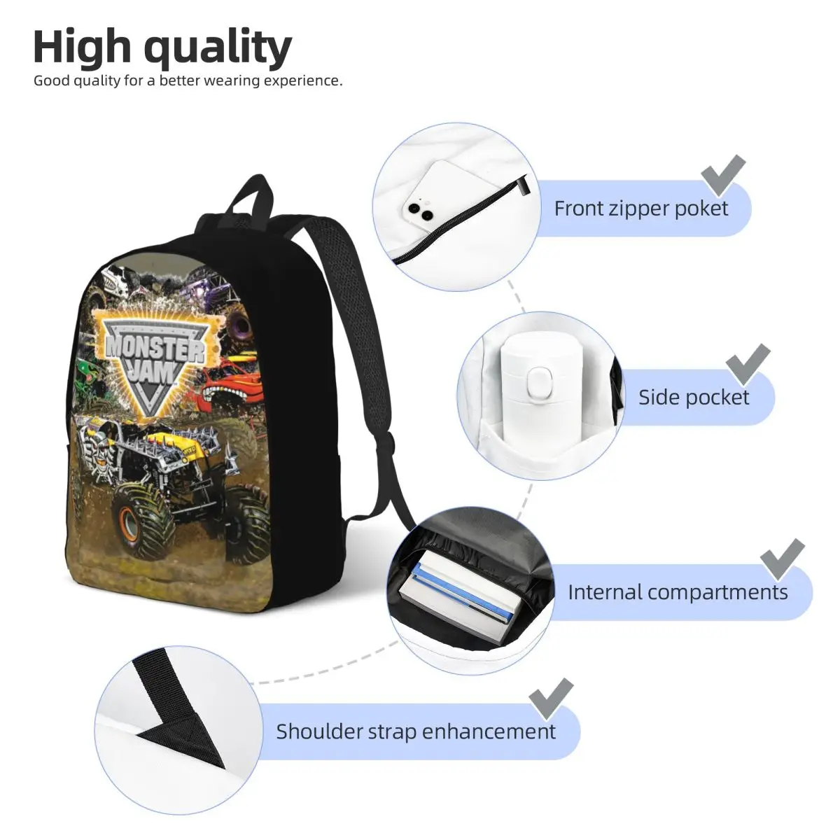 Monster Jam Monster Trucks Backpack for Men Women Fashion Student Daypack Grave Digger Laptop Computer Canvas Bags Durable