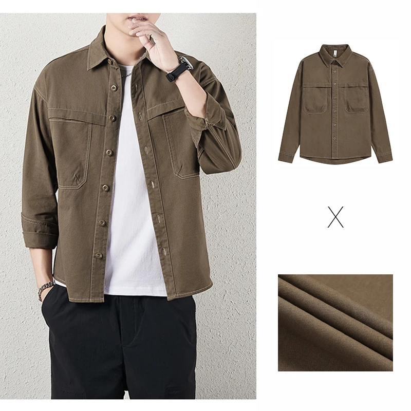 

Мужская рубашка в японском рабочем стиле, кардиган с длинным рукавом, повседневная рубашка-куртка оверсайз с воротником, из чистого хлопка, модная рубашка