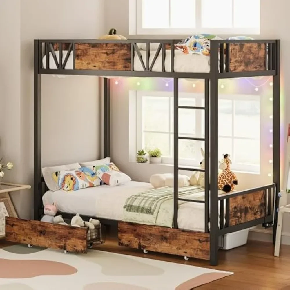 Bunk Bed with Power Outlet and Drawers, Metal Twin Bed Frames with Ladder and LED Lighted, Space-Saving, Noise Free