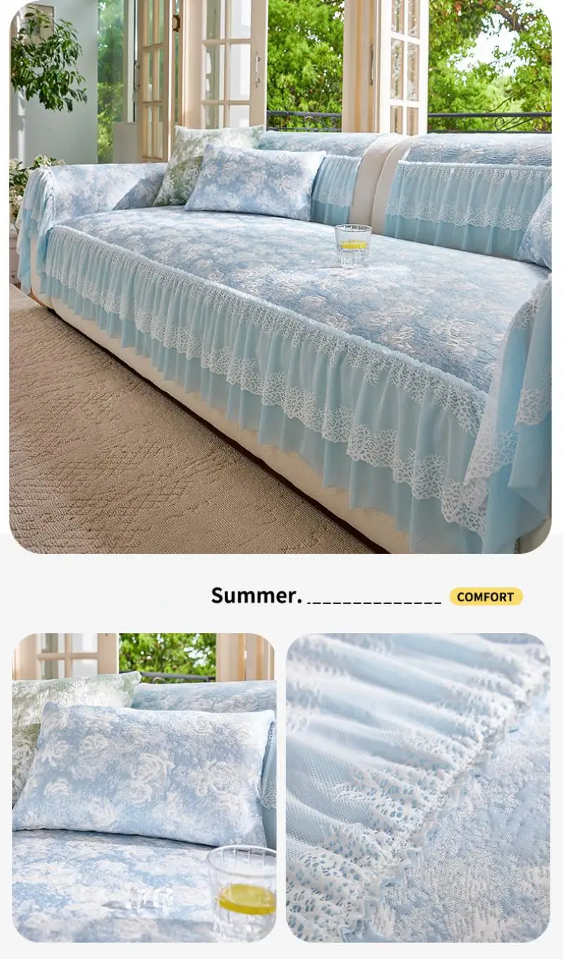 Sommerlicher, hautfreundlicher Sofabezug aus Eisseide mit Spitzenbesatz – Kühlender, atmungsaktiver Strick-Sofa-Sitzbezug – Detail 10