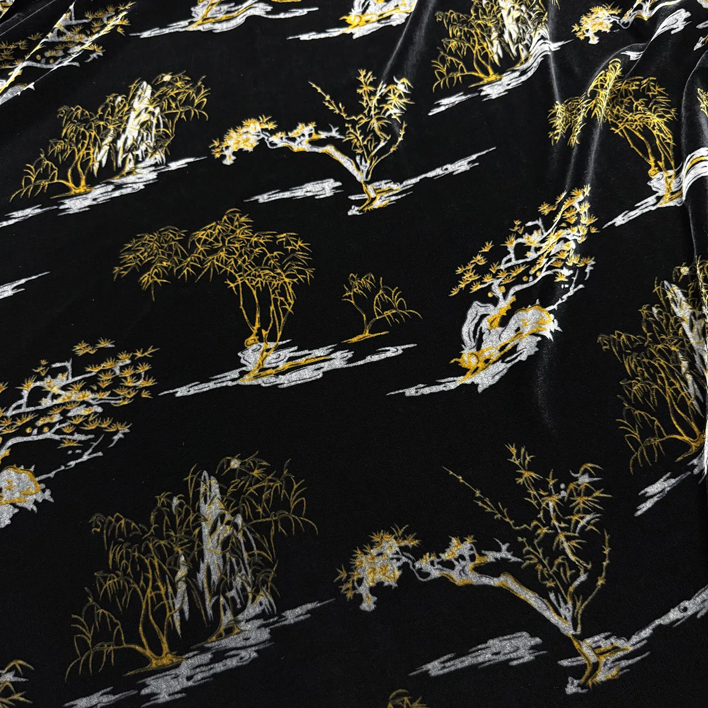 Silk Velvet Carved Landscape Pine and Bamboo National Style Printing High-Grade Cheongsam Formal Dress Vest Silk Fabric