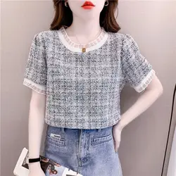 2024 New Summer Elegant and Elegant Style Small Fragrant Wind Fashion Wooden Ear Round Neck Western Short Top for Women