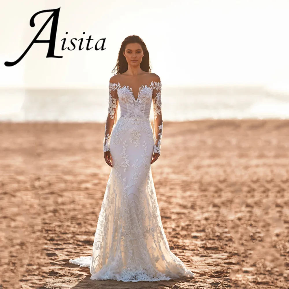 Vestido de novia de sirena Sexy, Vestidos de novia sin tirantes personalizados, Vestidos de novia de manga larga de encaje, Vestidos sin espalda