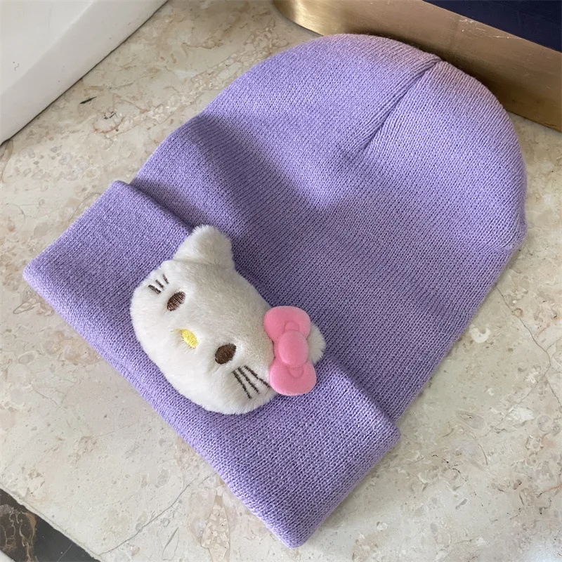 قبعة أطفال محبوكة مطرزة من Hello Kitty كارتونية أمريكية شعبية للخريف والشتاء قبعة دافئة للعطلات وهدية عيد الميلاد