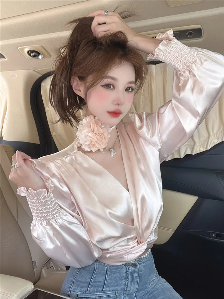 Fashion Short Satin Blouse Corss V Neck Long Puff Sleeves Elastic Halter Drawstring Sexy Women Streetwear  Retro Top