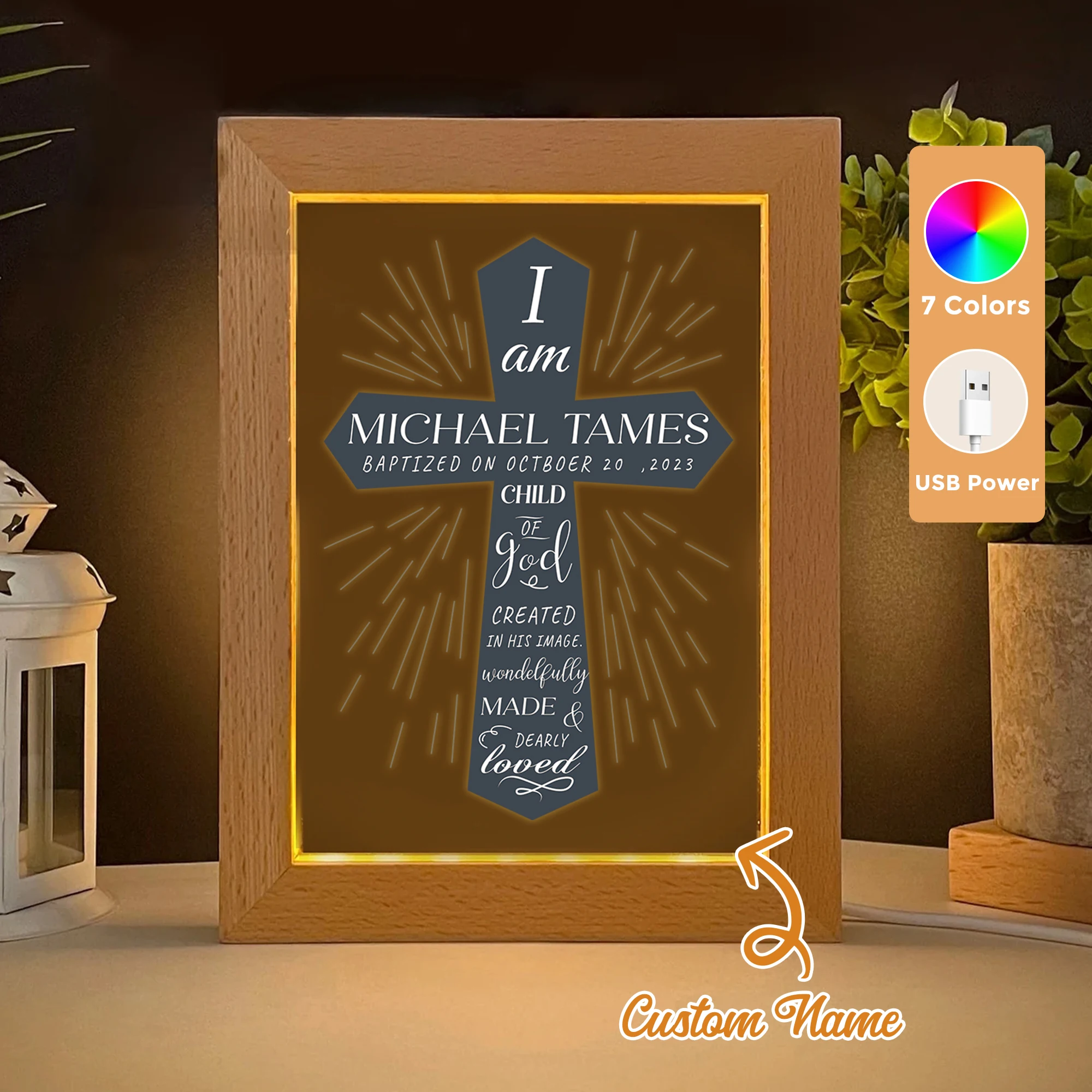 

2D Flat Custom Name Christian Faith Cross LED Acrylic Night Light Wood Photo Frame 21x17cm Family Bedroom Gifts Home Decor