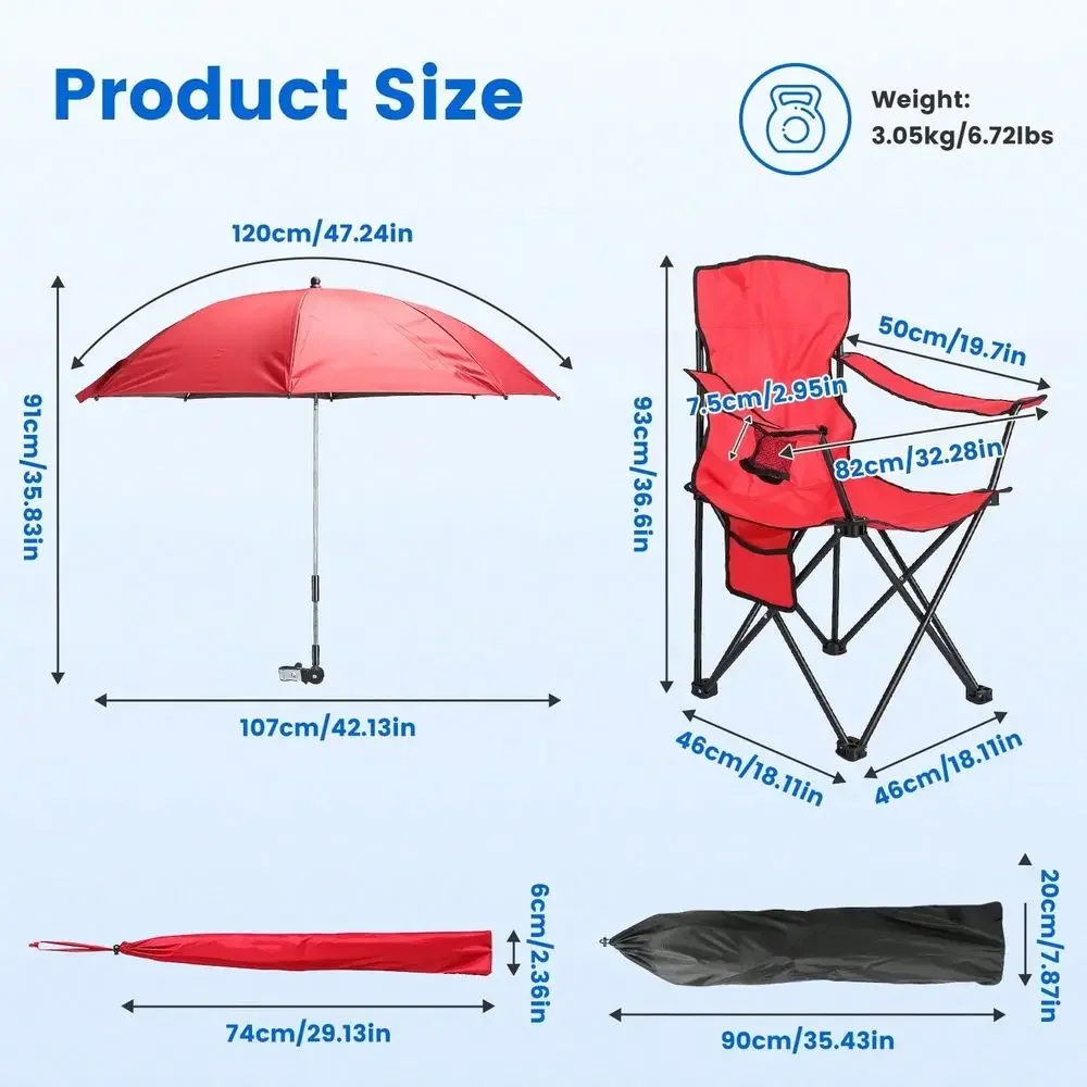 Camping Chair With Detachable 8Rib Sun Umbrella, 42.13 Inch Canopy Aluminum Alloy Portable Lawn Chair Supports 330LBS With Cup