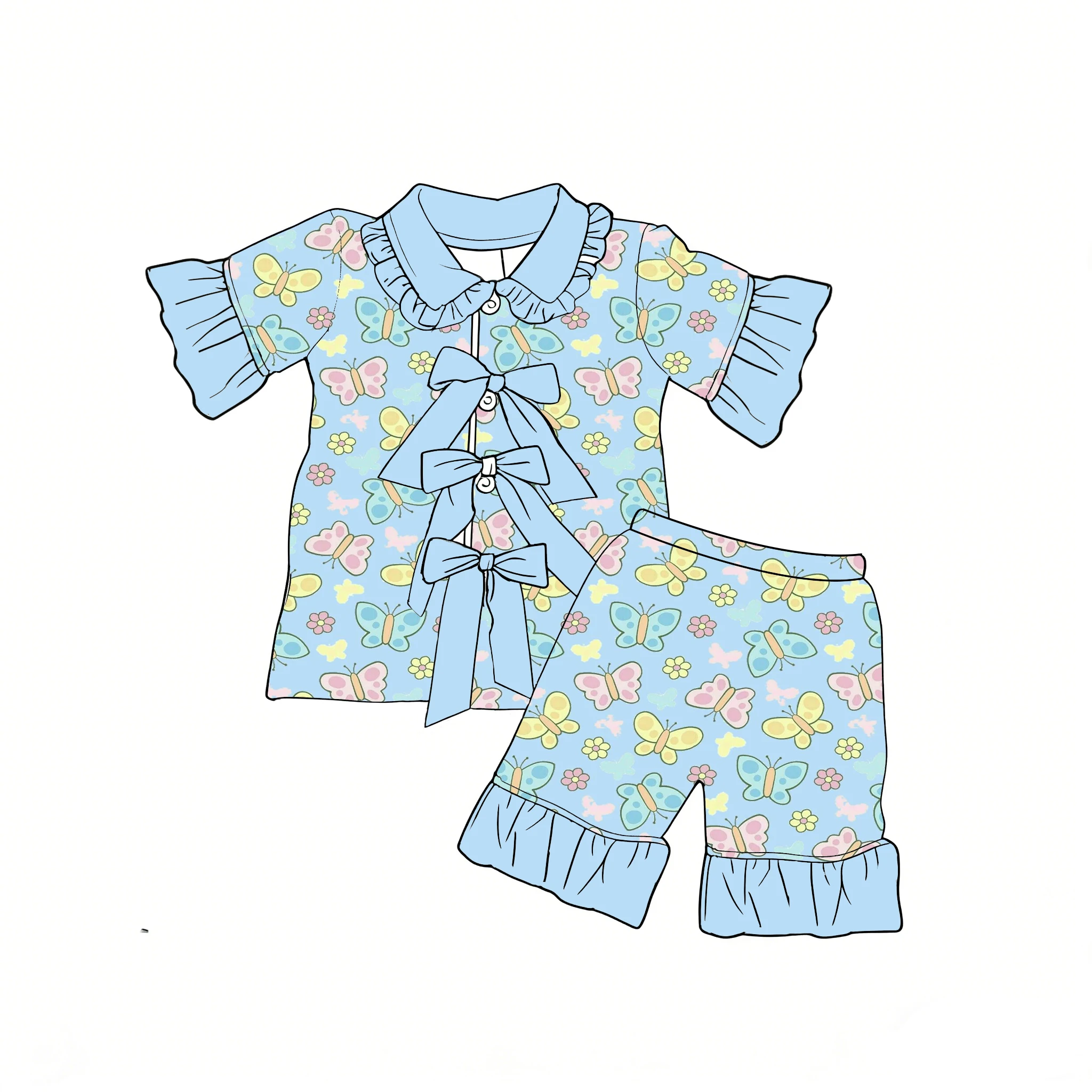 New clothing launched short-sleeved children's pajama set lapel Bow decoration strawberry cake print girls' pajama set custom