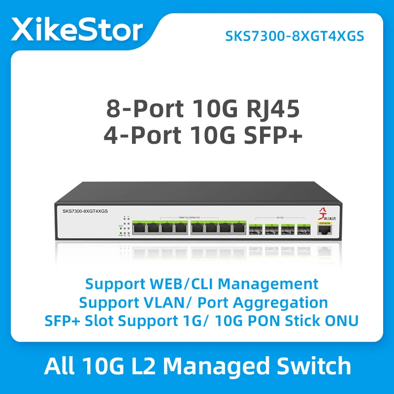 XikeStor All 10G L2 Mnanaged Switch 8-Port 10G RJ45 and 4-Port 10G SFP+ Ethernet Switch Support VLAN/ Port Aggregation