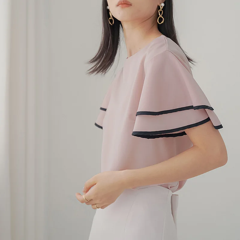 Lotte منتج جديد 3 ألوان لوتس ليف كم بلوزة شيفون للنساء الطازجة وأنيقة فضفاضة الحد الأدنى نمط قميص نسائي #6