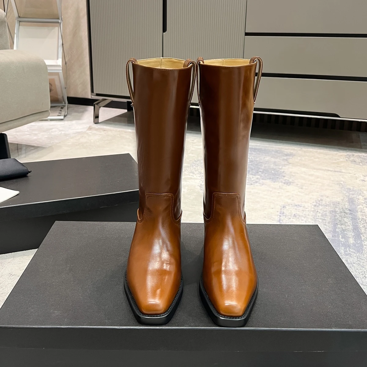 2026 New Women Shoes Leather Mid Calf Western Boots Square Toe Block Heel Cowboy Riding Boots--wy84