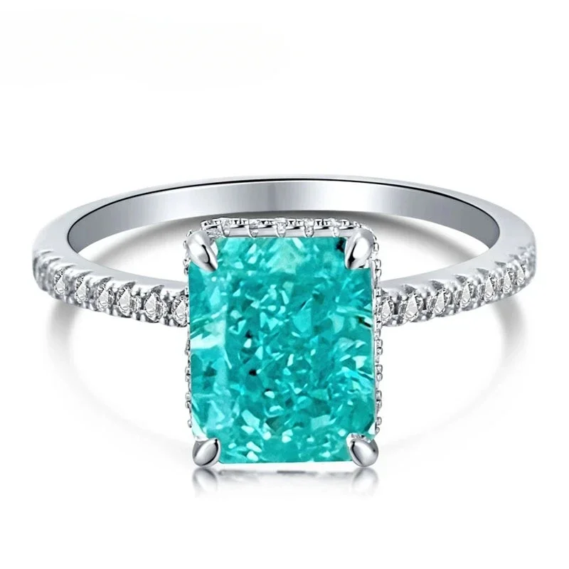 

Luxury 925 Sterling Silver Radiant Cut 810MM Paraiba Tourmaline Ring for Women Engagement Party Fine Jewelry Wholesale