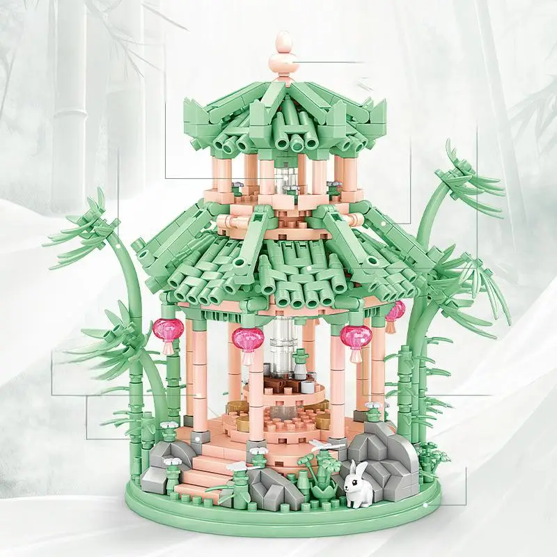 OUZEY 10" Chinese Long Pavilion Building Blocks, 14+ Micro Particles DIY Ancient Architecture Model, Creative Desk Decor Gift