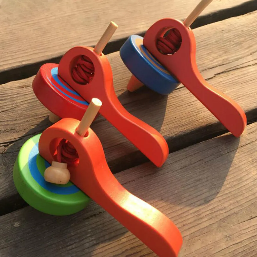 3Pcs Wooden Gyroscope Pull String Handle Kids Toddlers Preschool Educational Spinning Tops Enhance Coordination Ability