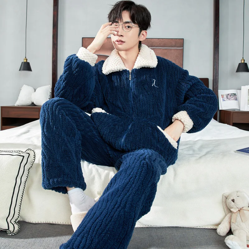 

Winter Thick Warm Flannel Pajama Sets For Men Coral Velvet Sleepwear Turn-Down Collar Zipper Men's Sleep Nightwear Home Clothes