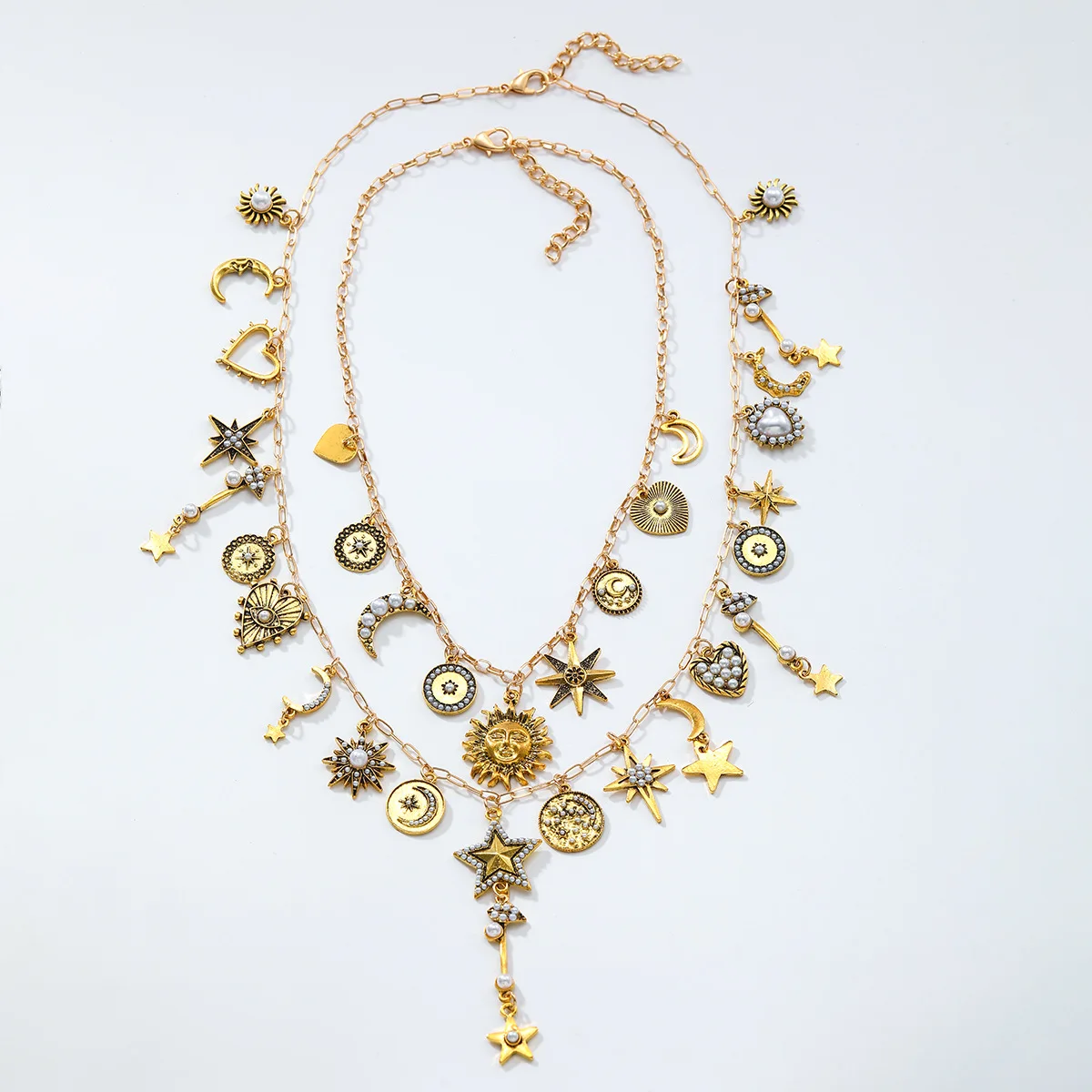

2 Piece ZAA Personality Metal Sun Flower Stars Moon Heart Shape Pendant Necklaces for Women Vintage Double-layer Neck Jewelry