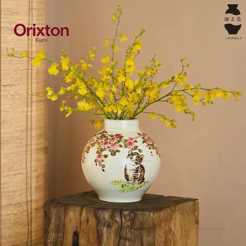 Rose hydroponic ceramic vase, hand-painted cat, living room decorative item, flower arrangement