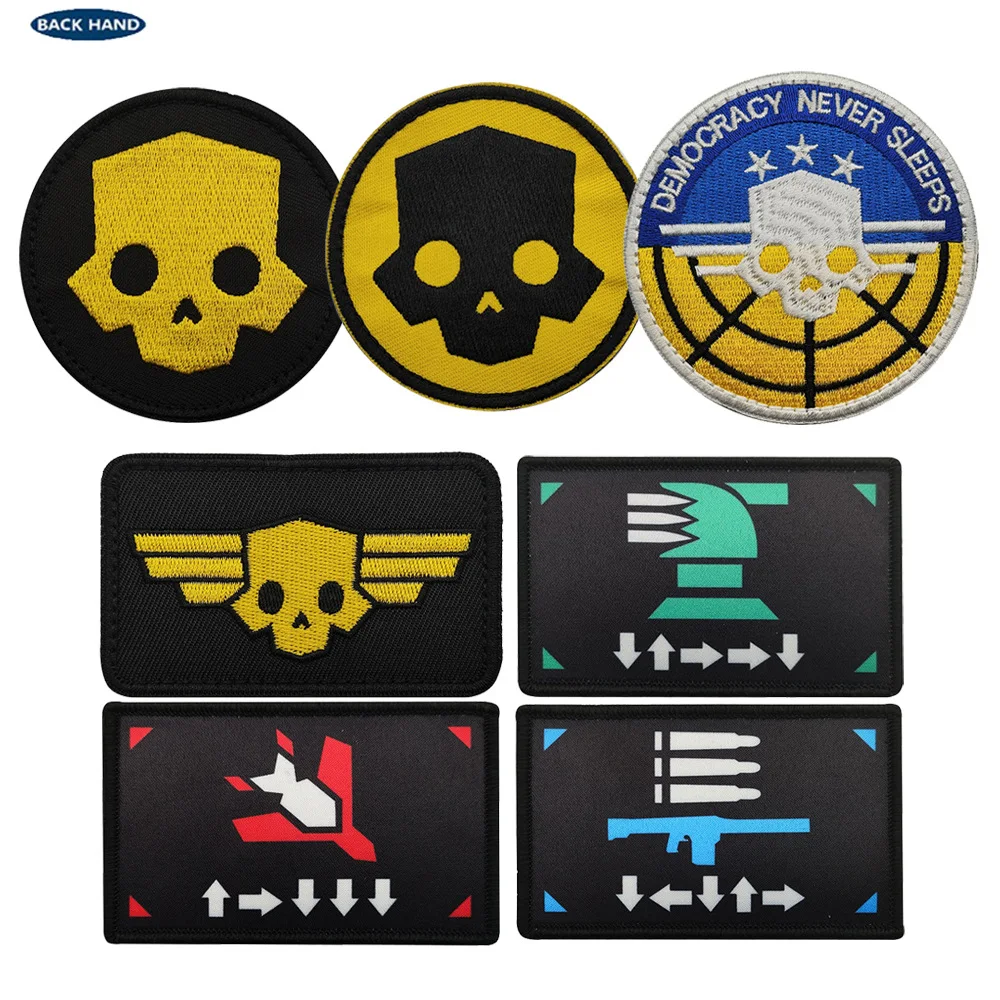 Hell Divers Hook&Loop Patches Super Earth Stratagem 500 Kg Bomb Morale Badge Hell Divers Skull Embroidered Game Patches