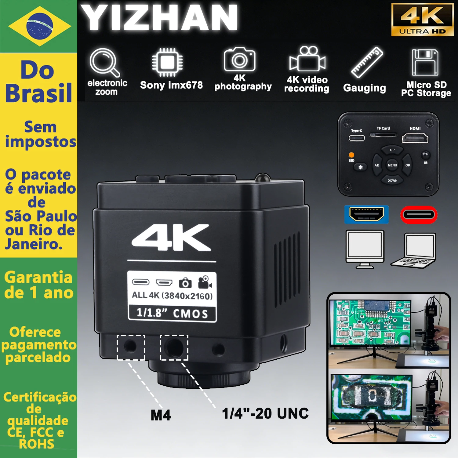Câmera de Microscópio Digital 4K YIZHAN para Soldagem, Câmera de Microscópio Industrial HDMI USB com Sensor IMX678 de 1/1.8'', Montagem C e CS, Do Brasil