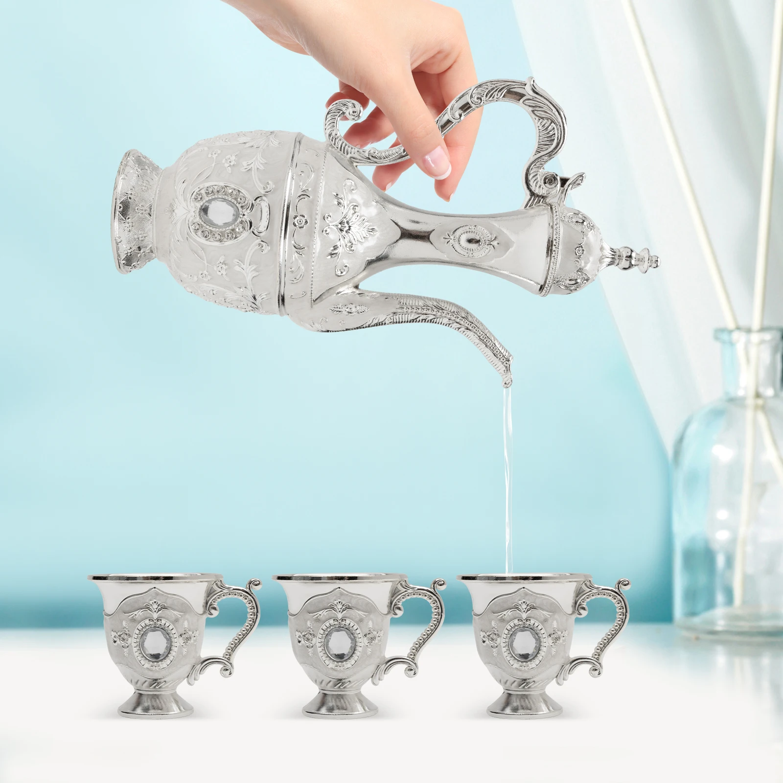 

Exquisite Turkish Tea Set, Silver Zinc Alloy Coffee Pot with 6 Cups & Tray, Elegant Antique Home Decor for Birthday Christmas
