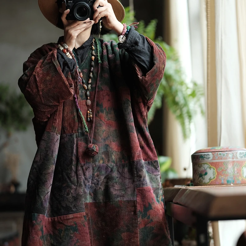 100% Cotton Women Thick Warm Casual Dress New Arrival 2025 Autumn Vintage Style V-neck Print Loose Female Long Dresses M2059