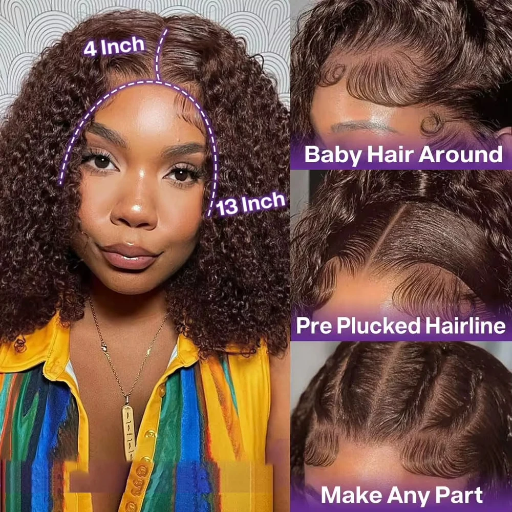 Curly Short Bob Wig Human Hair Deep Wave 13x4 Lace Front Wigs For Black Women Human Hair Pre Plucked Short Wet And Wavy Chocolate Brown #4 Curly 250% Density Lace Front Bob Wig view 5