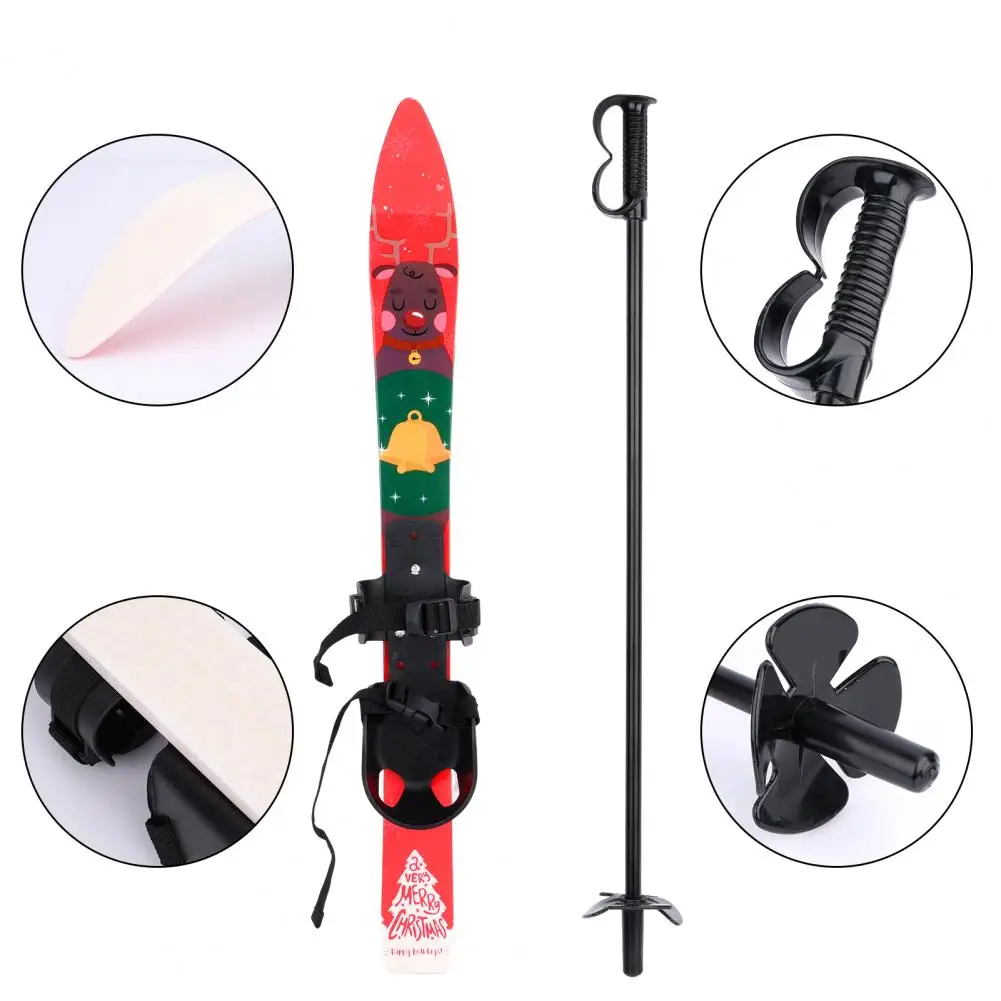 Kid Beginner Snow Skis and Poles, Ski Boards for Age 4 and Under, Lightweight , with Christmas Themed Pattern, Adjustable Buckle