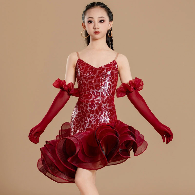 Costume da competizione Wu Tianjiao: set gonna svasata a lisca di pesce a rete senza spalline per danza latina con disegno floreale e pelle nuda