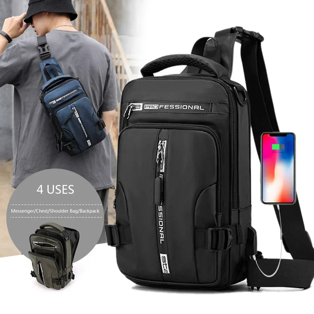 Nylon Men Rucksack Backpack Chest Pack Shoulder Bag with USB Charging Port Travel Male Daypack Messenger Cross body Bag Knapsack