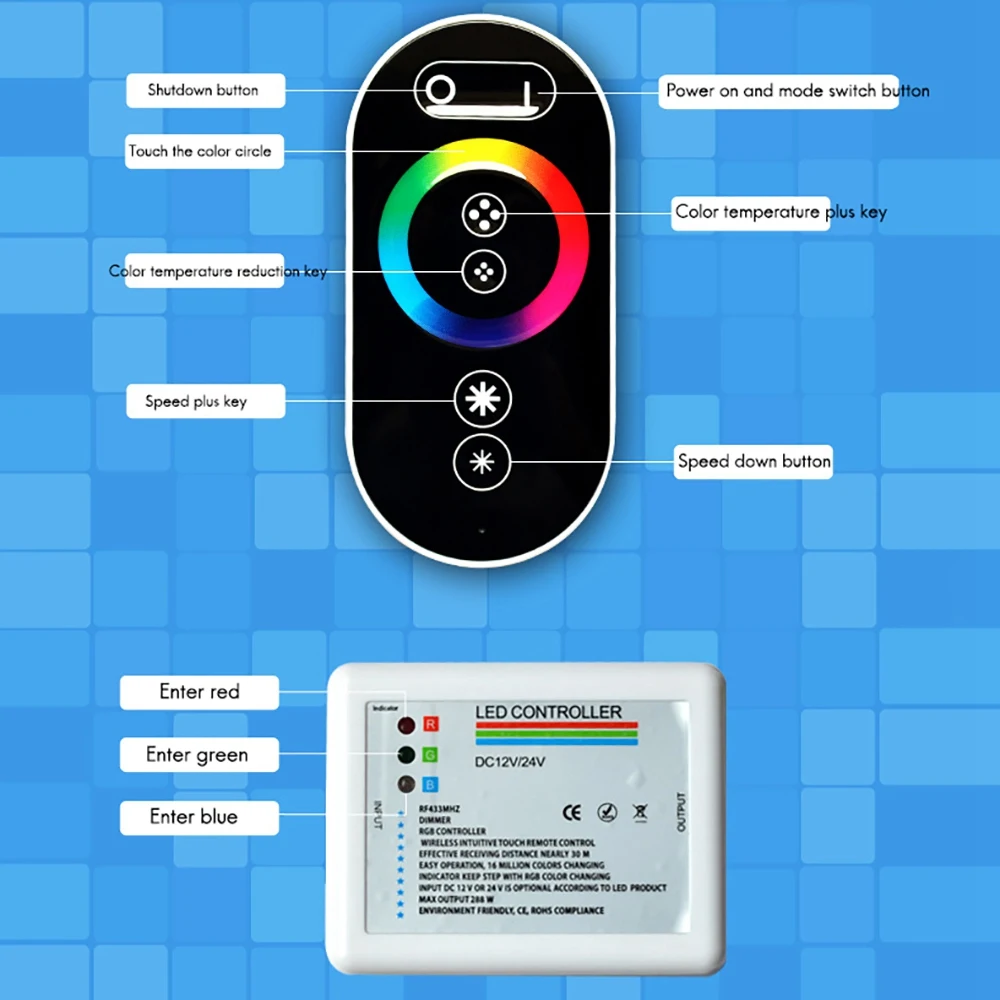 LED Controller DC12-24V Wireless Radio Frequency Colorful Press Remote Control RGB Light Bar Controller