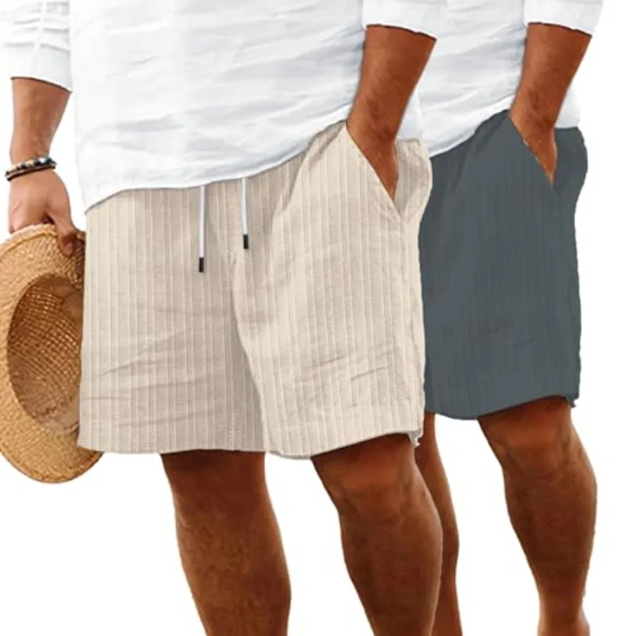 

Мужские льняные шорты с плоским передом, повседневные, с эластичной талией и шнурком, летние пляжные шорты для отпуска с карманами, 9 дюймов