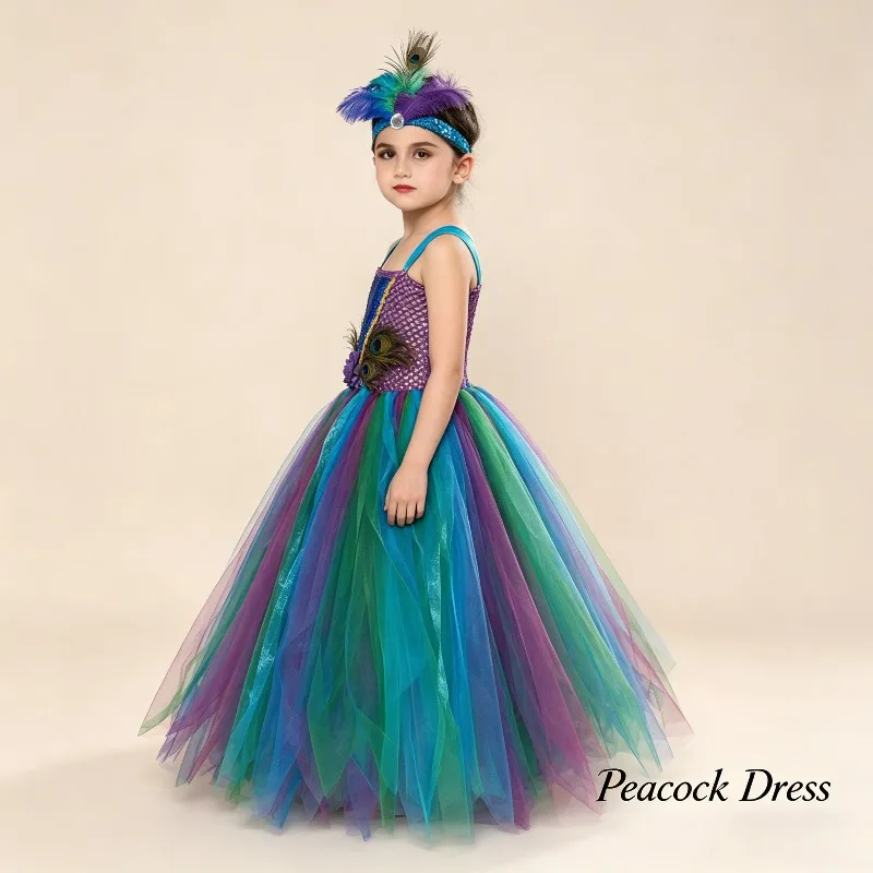 

Peacock Princess Tulle Dress With Feather Headband,Purim Festival Costume,Pageant Party Gown,Performance Outfit For Celebrations