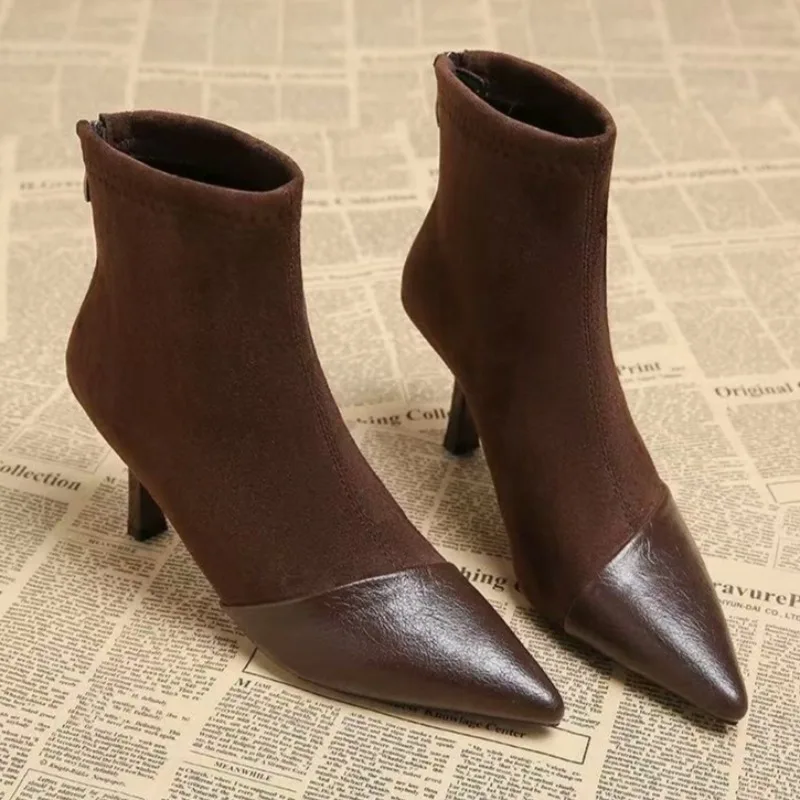 

High Heels Women's Fashion Suede Short Boots Winter New Pointde Toe Shoes 2025 Designer Classical Ankle Boots Dress Party Pumps