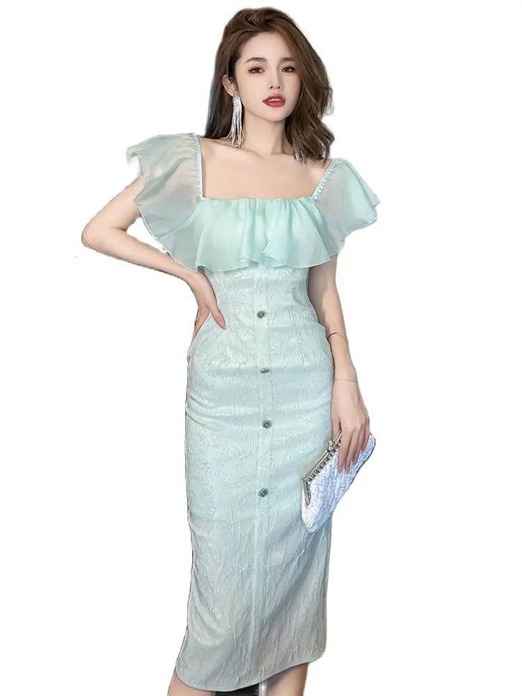 

2023 New Elegant Sexy Dresses Women Ruffle Bodyocn Single Breasted Off Shoulder Slit Robe Female Evening Party Prom Vestidos XL