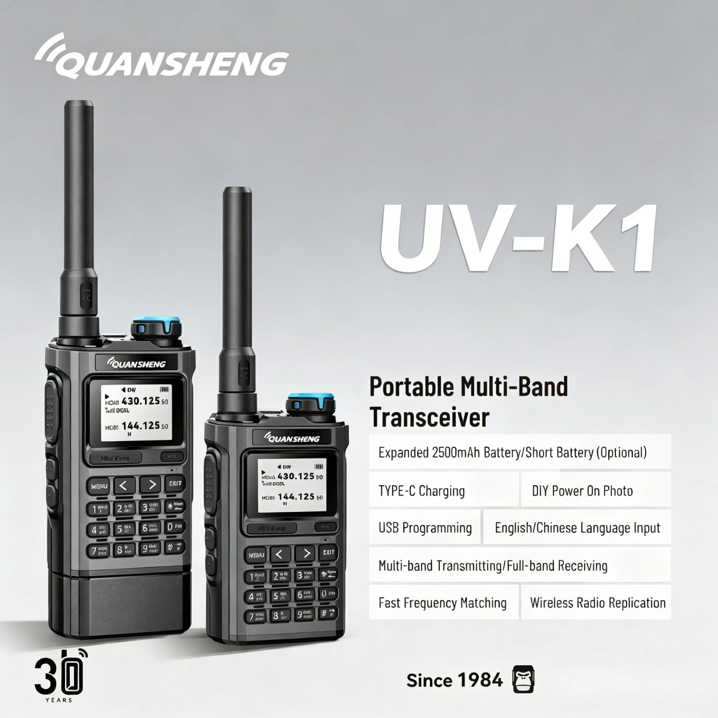 QUANSHENG K1 Multi-Band Walkie Talkie Air Band Aviation Receive Wireless Copy One Key Freq Match Type-C NOAA Two Way Radio