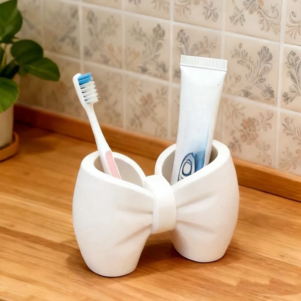 1pc Cute Bow Plastic Toothbrush Holder Multifunctional as Pen Holder No Installation Needed for Bathroom and Bedroom Home Decor