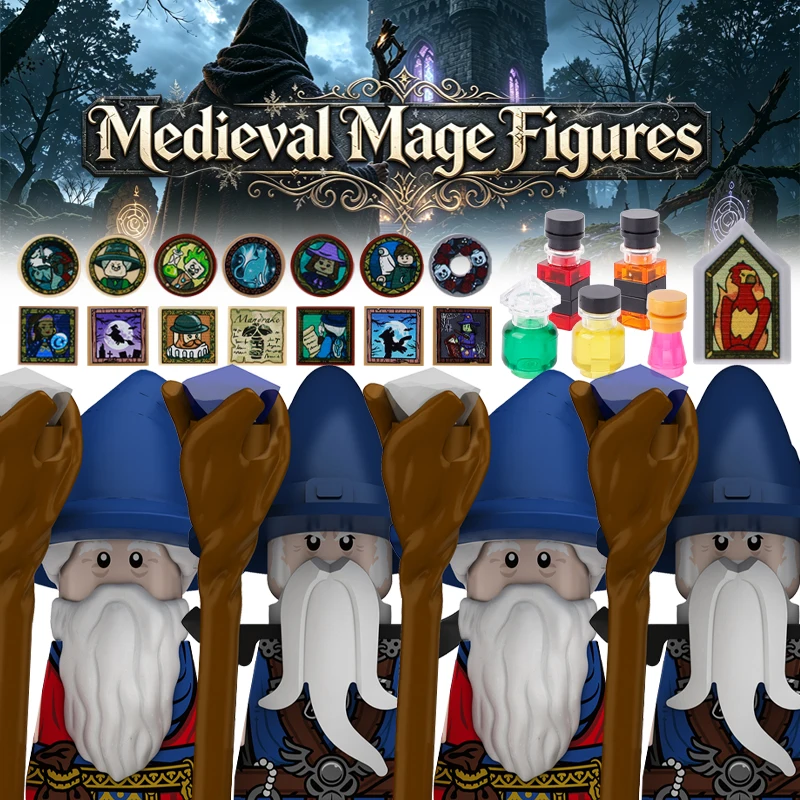 MOC Mittelalterliche Magier-Figuren Bausteine Zauberer Hexe Magisches Buch Zaubertrank Helm Bart Umhang Bedruckte Accessoires Bausteine Spielzeug Geschenke