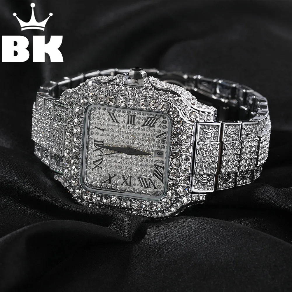 

THE BLING KING Iced Out Men's Square Watches Full Micro Paved Round Cut Rhinestone Big Quartz Watches For Women Luxury Jewelry