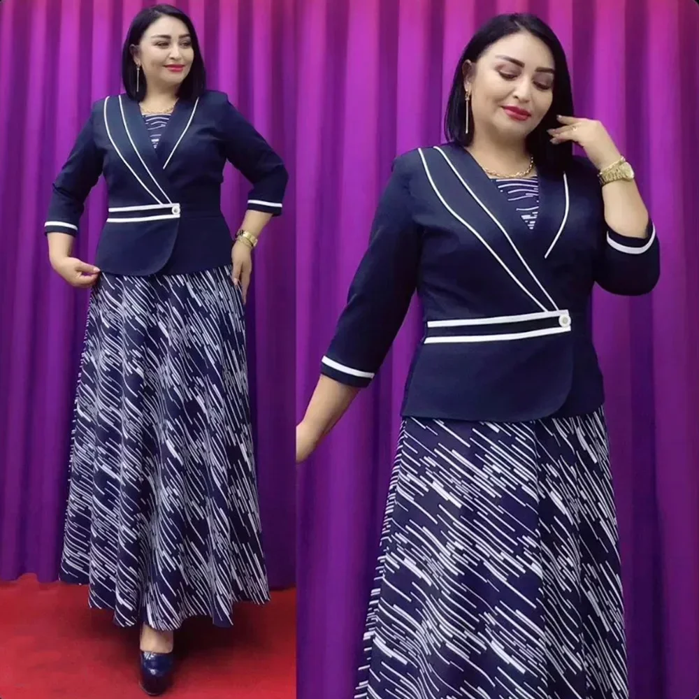 2-częściowy zestaw afrykańskich sukienek maxi dla kobiet Eleganckie suknie ślubne z indyka z płaszczem Ankara Office Lady Print Outfits Robe 2024