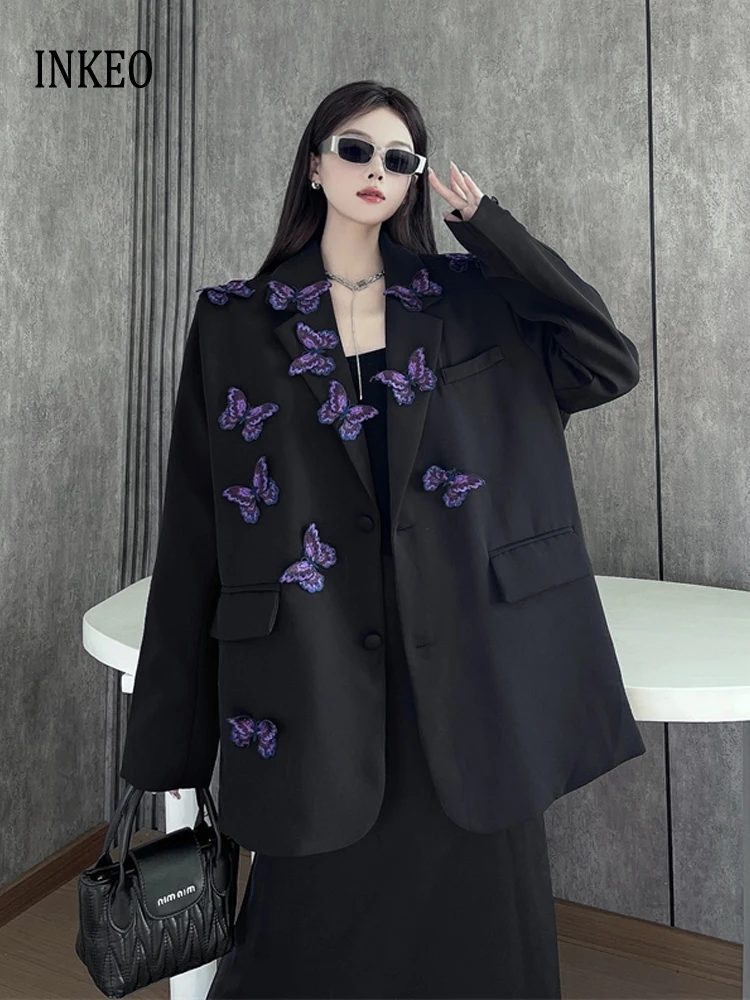 

High street butterfly embroidery blazer for women Spring autumn Black Purple Loose Single breasted jacket 2026 New INKEO 5O113