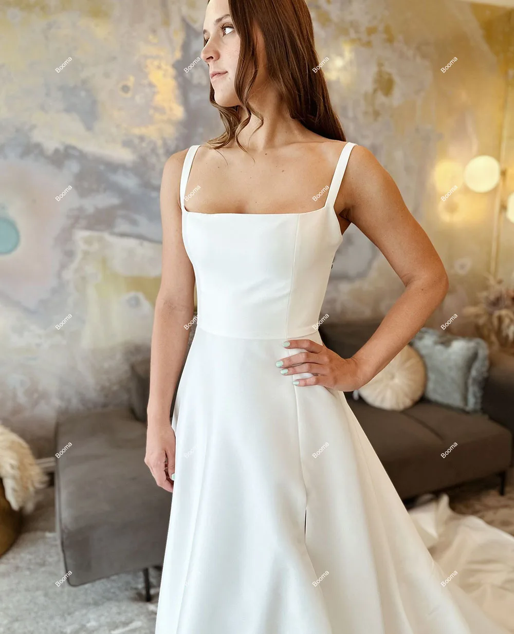 Booma Elegant A-Line Wedding Dresses Sleeveless Stain Brides Party Gowns High Side Slit Sweep Train Bridals Evening Dress