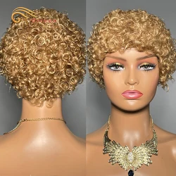 Honey Blonde Kinky Curly Wig Colored 27 99J Pixie Cut Wigs Human Hair For Black Women Machine Made Human Hair Wigs