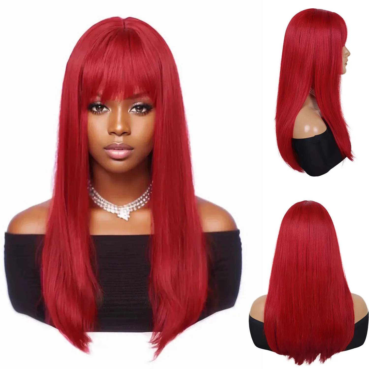 Syntheitc Hair Long Red Wigs for Women Silky Straight Wig with Bangs Clearance Sale Cheap Wig Cosplay Drag Queen Roleplay Wigs