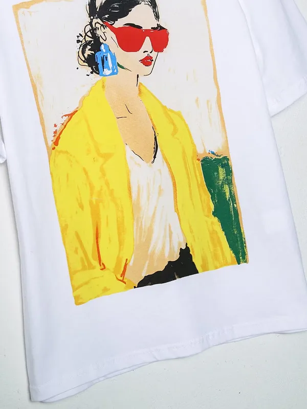 T-shirt stampata bianca Faionable per ragazze Trendy Commute Sle round Ne ort Sve Top da donna in cotone taglio dritto