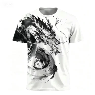 Summer New Ink Wash Dragon T-shirt Breathable and Versatile Chinese Style Casual Short Sleeved Shirt