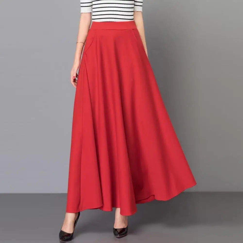 Women Maxi Skirt High Waist Tummy Control Banquet Skirt A-line Loose Hem Pockets Dating Skirt Solid Color Ankle Length Skirt