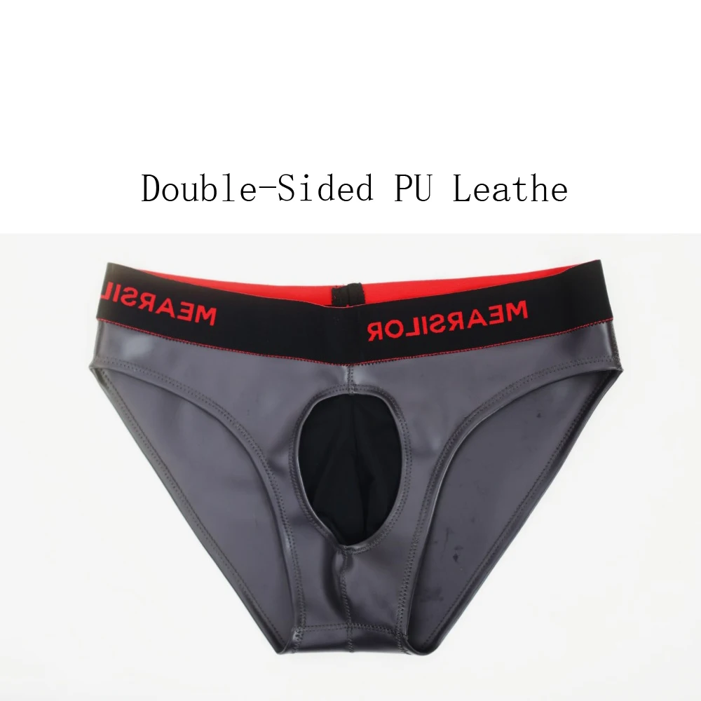 Mens underwear Low Waist Double-Sided PU Leather Briefs Sexy Tight Crotch Hollow Out Trunks Tight-fitting Boxers Ice Silk Crotch