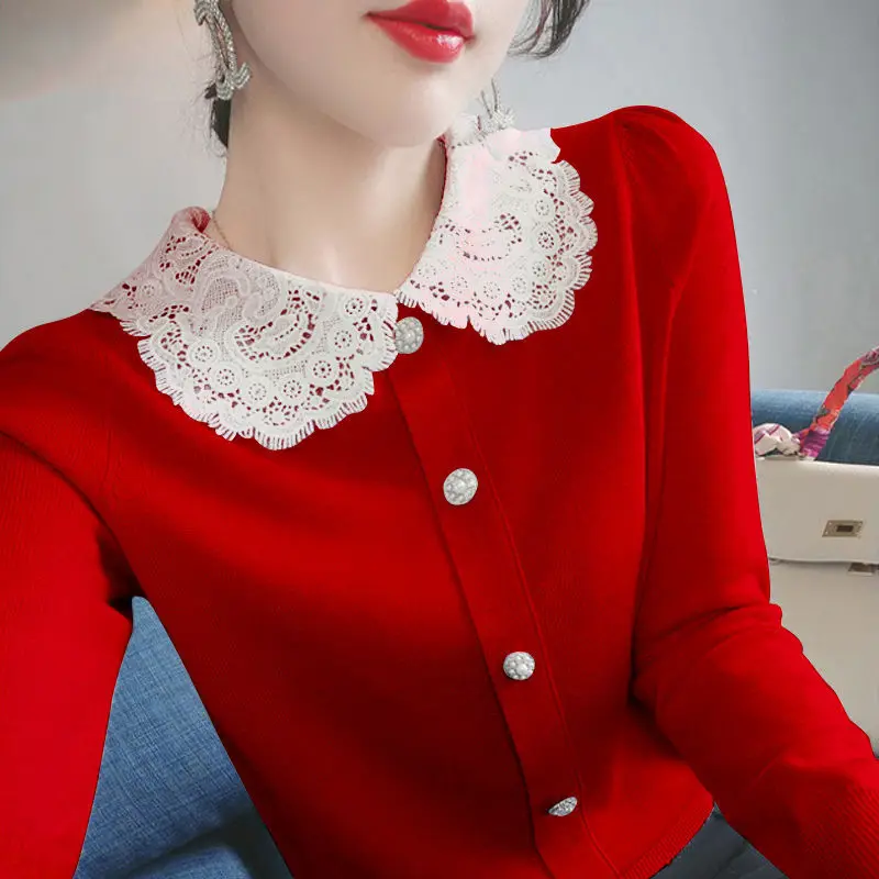 Sweet Peter Pan Collar Button Knitted Spliced Lace Blouse Female Clothing 2022 Autumn New Loose Casual Pullovers Korean Shirt